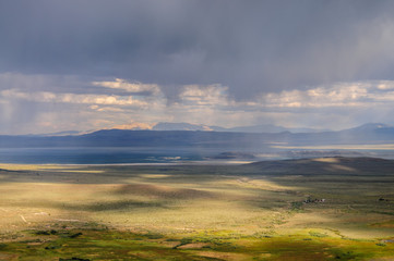 Threatening skies over mono lake, California, as an early evening thunderstorm is rolling in. Image from an early August late afternoon, near Lee Vining, California.