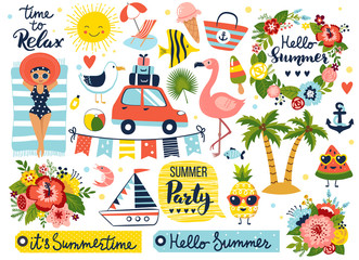Summer set, hand drawn elements- calligraphy, flowers, tropical leaf, birds, wreaths and other. Perfect for web, card, poster, cover, tag, invitation, sticker kit. Vector illustration