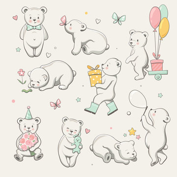 Cute little bear collection. Perfect for baby shower celebration greeting card, stickers, invitation, t-shirt print, fashion design, kids wear. Cartoon hand drawn style, vector illustration.
