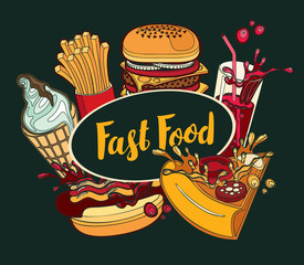 Vector cover of fast food menu with ice cream, cola, Burger, pizza, French fries and hotdog in retro style. Cartoon illustration with handwritten inscription. Fast food, healthy and unhealthy food
