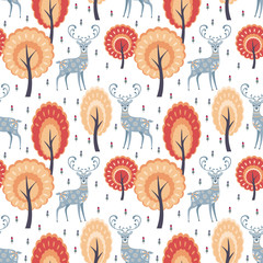 Decorative seamless pattern in folk style with deer. Colorful vector background.