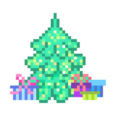 Gifts around illuminated christmas tree, 8 bit pixel art scene isolated on white background. Greeting card design for winter holidays. Advent calendar illustration. Xmas eve party invitation template.