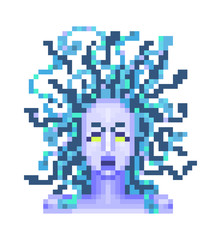 Screaming Medusa Gorgon, Greek mythology monster, pixel art portrait isolated on white background. Ancient evil female creature. Angry demonic woman. Ancient Greece legend character. Cultural symbol.
