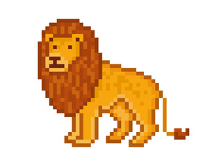 Obraz premium Żółty lew, postać z kreskówki pikseli na białym tle. Zwierząt safari. Logo zoo. Symbol Afryki. Wildlife Carnivore. Old school 8-bitowa ikona automatu. Retro grafika z lat 80-90-tych.
