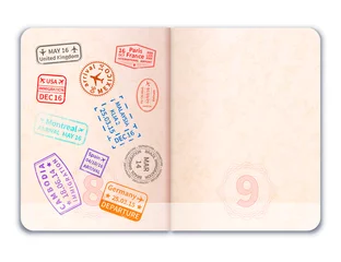 Realistic open foreign passport with immigration stamps on one of pages on white © EvgeniyBobrov