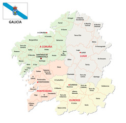 galicia administrative and political vector map with flag, spain