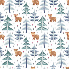 Decorative seamless pattern in folk style with bear. Colorful vector background.