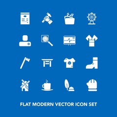 Modern, simple vector icon set on blue background with hammer, energy, mill, wind, scarf, equipment, travel, construction, tool, shrine, child, warm, foreman, torii, industry, baby, cup, season icons