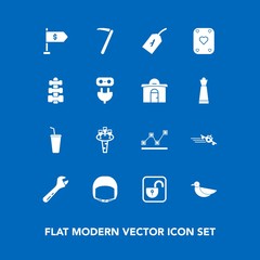Modern, simple vector icon set on blue background with wildlife, protection, fitness, security, poker, helmet, money, gym, wine, bird, glass, spanner, nature, tag, graph, travel, juice, open icons