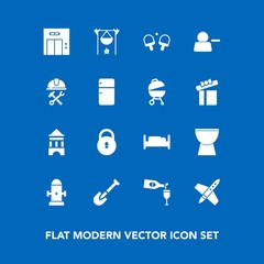 Modern, simple vector icon set on blue background with bonfire, office, tower, campfire, drink, shovel, bed, percussion, craft, alcohol, sport, water, security, music, safety, game, fireplace icons