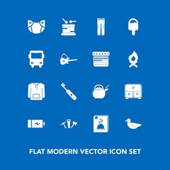 Modern, simple vector icon set on blue background with repair, guitar, jacket, icecream, newborn, health, white, clean, bus, drum, food, brush, fashion, infant, timetable, transportation, sound icons