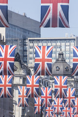 Union Jack flags hang in Central London