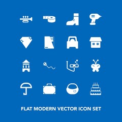 Modern, simple vector icon set on blue background with sport, music, pie, umbrella, summer, scuba, sound, document, trumpet, fun, joy, food, insect, sweet, leather, rucksack, gem, sticky, style icons
