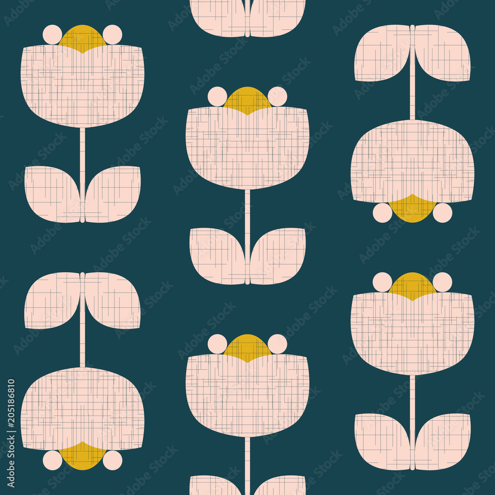 Poster modern vector abstract seamless geometric pattern with stylized flowers and leaves in retro scandina