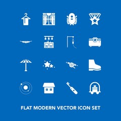 Modern, simple vector icon set on blue background with military, nature, baggage, award, light, curtain, star, sky, war, ufo, planet, fashion, interior, footwear, science, japanese, wagasa, home icons