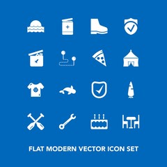 Modern, simple vector icon set on blue background with sea, medicine, nature, light, footwear, vegetable, pie, fresh, fashion, food, wrench, raw, medical, spanner, oar, fish, play, equipment icons