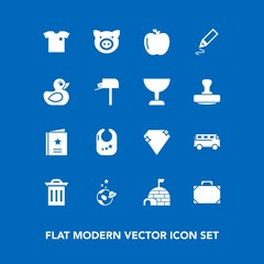 Modern, simple vector icon set on blue background with new, gem, food, speed, space, road, snow, spaceship, object, swine, leather, transport, exploration, favour, rattle, trash, igloo, recycle icons
