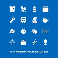 Modern, simple vector icon set on blue background with baby, shirt, drink, chair, pruning, spaceship, kid, game, price, interior, cut, armchair, sign, infant, childhood, computer, water, ufo icons
