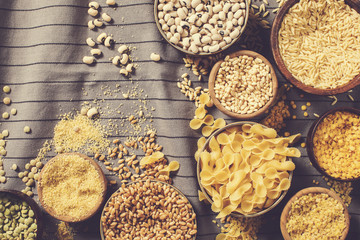 Various dried legumes high angle view