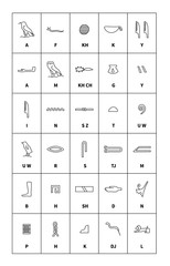 Set of black egyptian hieroglyphics alphabet with latin letters, symbols on white