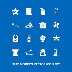 Modern, simple vector icon set on blue background with document, child, phone, paint, drink, shower, spray, telephone, rattle, bathroom, musical, flower, star, kite, backpack, baby, sky, infant icons