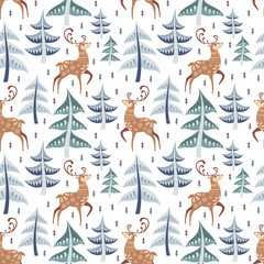 Decorative seamless pattern in folk style with deer. Colorful vector background.