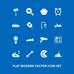 Modern, simple vector icon set on blue background with night, doughnut, clothing, sweet, hammer, cake, camera, sign, art, safety, element, equipment, street, clothes, dessert, bicycle, torch icons