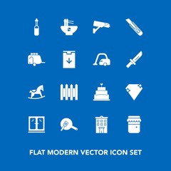 Modern, simple vector icon set on blue background with meal, pie, sweet, toy, building, cake, dessert, home, protection, jam, furniture, security, interior, noodle, house, real, fence, honey icons