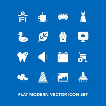 Modern, simple vector icon set on blue background with volume, image, music, japan, coffee, up, bus, traffic, speed, cappuccino, hood, frame, drum, full, transportation, dentist, wheelchair, cup icons