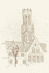 Vector sketch of Belfort van Brugge -  famouse 12th-century belfry Belfort of Bruges and Grote Markt square, Belgium.