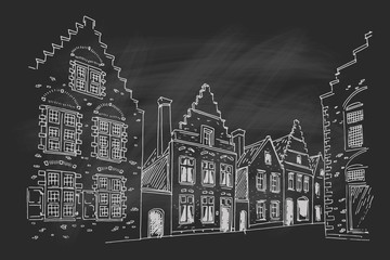 Obraz premium Vector sketch of Traditional architecture in the town of Bruges (Brugge), Belgium