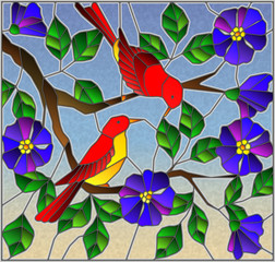 Illustration in stained glass style with two two bright red birds on the branches of blooming wild rose on a background sky