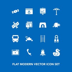 Modern, simple vector icon set on blue background with planet, gardening, person, communication, report, media, food, garden, lawn, annual, technology, grass, equipment, internet, business, lock icons