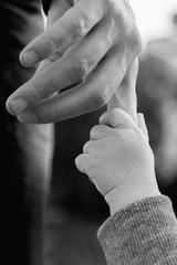 Child's small hand holding finger of his father. Closeup, black and white, selective focus