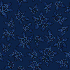 Colorful seamless pattern. Hand drawn navy-blue roses on dark-blue background
