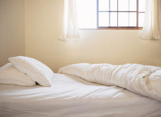 Fototapeta na wymiar Bed pillows duvet Bedroom interior home living minimal lifestyle
