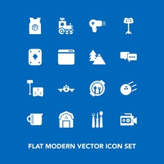 Modern, simple vector icon set on blue background with airplane, liquid, toy, container, fun, restaurant, video, team, handle, dryer, orchestra, flight, bed, furniture, glass, hairdryer, knife icons