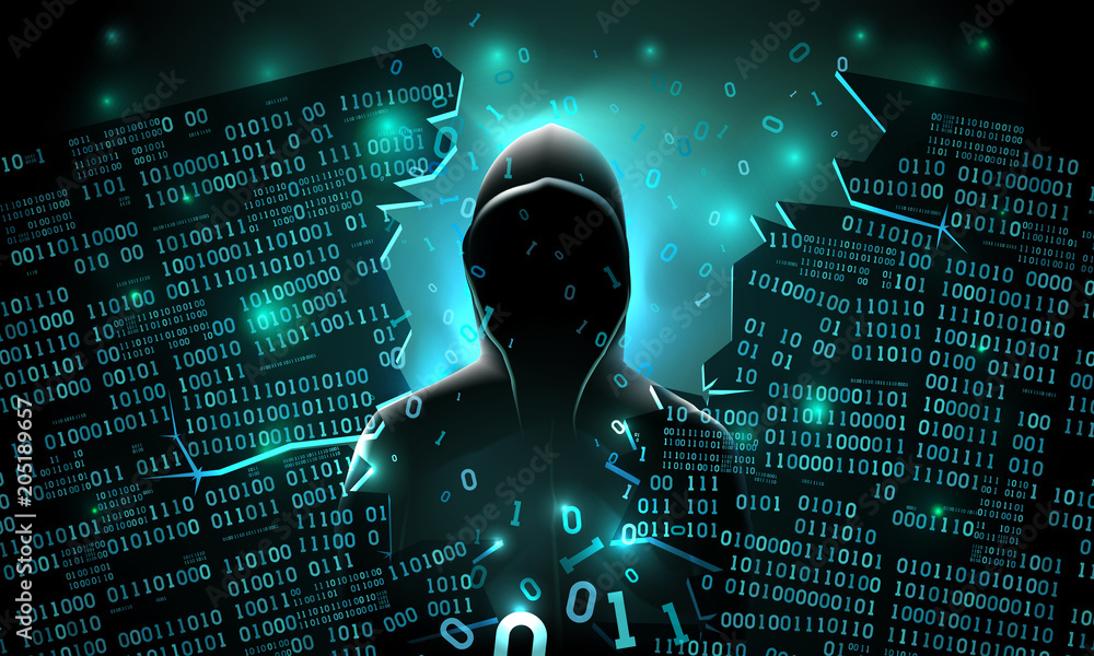 Poster hacker using the internet hacked abstract computer server, database, network storage, firewall, soci