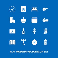 Modern, simple vector icon set on blue background with north, check, guitar, cargo, leisure, bedroom, skate, fun, transportation, website, alcohol, compass, traffic, business, skating, arrow icons