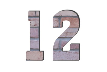12 Number. Decorative red brick wall texture. English style. White isolated