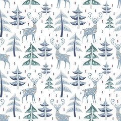 Decorative seamless pattern in folk style with deer. Colorful vector background.