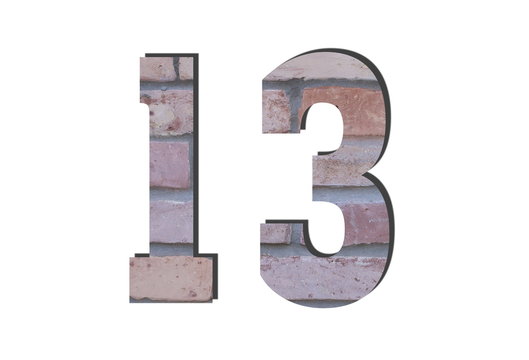 13 Number. Decorative red brick wall texture. English style. White isolated