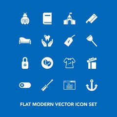 Modern, simple vector icon set on blue background with butterfly, room, clothing, building, book, security, caffeine, construction, turn, lady, castle, bug, baby, lock, website, holiday, clothes icons