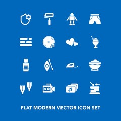 Modern, simple vector icon set on blue background with internet, scan, water, xray, roller, robot, musical, kayak, white, table, sound, camera, summer, activity, equipment, file, shorts, video icons