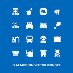 Modern, simple vector icon set on blue background with play, business, transportation, luxury, child, asian, toy, cute, office, transport, queen, fluffy, teddy, king, baby, table, group, crown icons