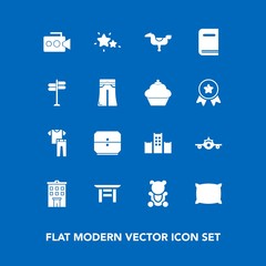 Modern, simple vector icon set on blue background with building, airplane, plane, cute, play, travel, white, happy, soft, pillow, flight, nature, collection, hotel, drawer, house, business, sky icons
