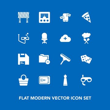 Modern, simple vector icon set on blue background with document, data, bank, radio, mobile, game, background, fashion, scuba, finance, computer, king, safe, brush, paint, leather, success, bag icons