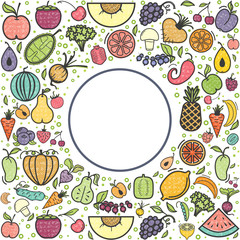 Fruits and vegetables, vegetarian banner, summer isolated color vector icons.