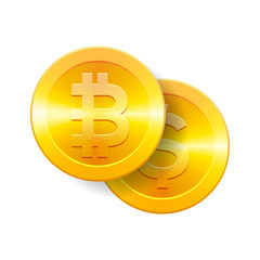 Bitcoin to dollar currency exchange. Bitcoin. Dollar coin. Cryptocurrency. Golden coins with Bitcoin and Dollar symbol, vector illustration.