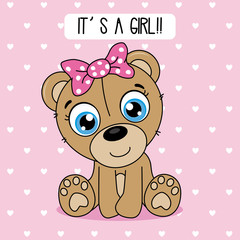baby shower card. cute bear with a pink bow
